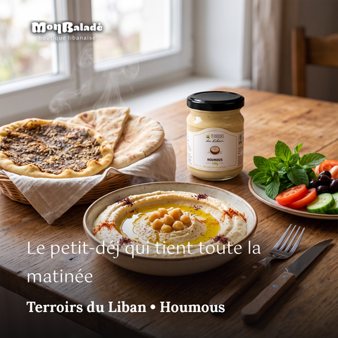 Houmous crémeux Terroirs du Liban avec huile d'olive et pain libanais pour le petit-déjeuner