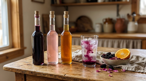 Trois sirops libanais Terroirs du Liban — mûres, rose et orange amère — sur une table en bois avec un verre d'eau glacée