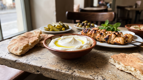 Toum, la sauce à l'ail libanaise blanche et onctueuse, servie avec des brochettes de poulet grillé et du pain pita