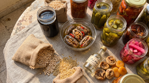 Garde-manger libanais (mouneh) : bocaux de mélasse de grenade, makdous, cornichons, navets rosés, moghrabieh et freekeh sur une table levantine