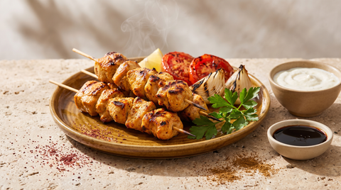 Brochettes de chich taouk, poulet mariné grillé à la libanaise, avec mélasse de grenade et crème d'ail — Mon Baladé, épicerie libanaise à Paris