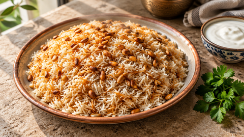 Plat de riz libanais aux vermicelles dorés parsemé de pignons de pin, servi dans un plat en céramique