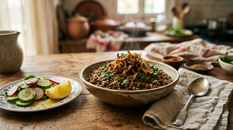 Bol de mjaddara libanaise aux lentilles, riz et oignons caramélisés croustillants