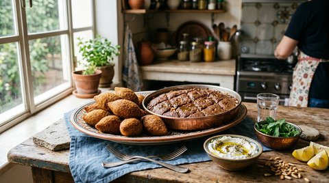 Kibbé libanais fait maison : croquettes frites et kibbé au four sur une table libanaise — Mon Baladé
