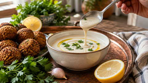 Sauce tarator libanaise à la tahini servie avec des falafels et du citron