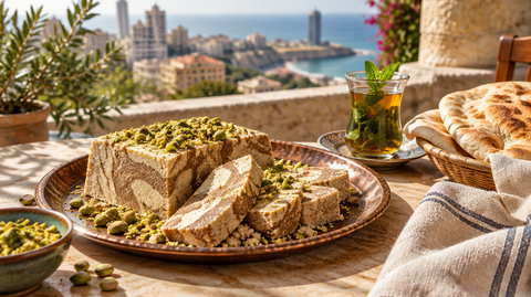 Tranches de halva libanais à la pistache sur un plateau en cuivre avec un thé à la menthe
