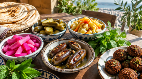 Table de mezze libanais avec pickles de navets, concombres, chou mariné et makdous