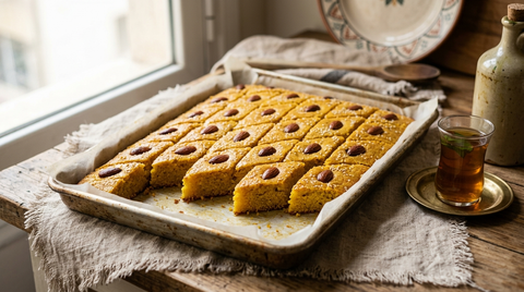 Sfouf libanais, gâteau à la semoule et au curcuma, coupé en losanges et garni d'amandes